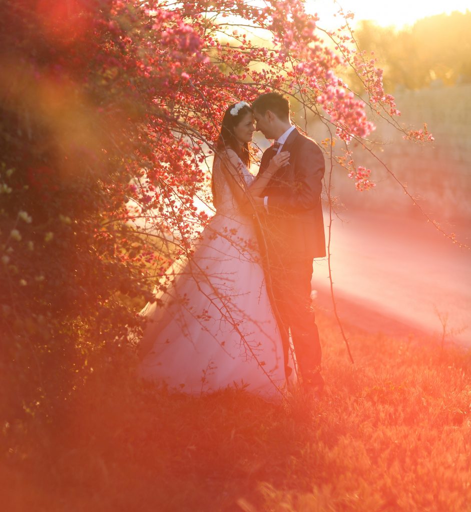 Hochzeit in Hessen Brautpaar Sonne rot